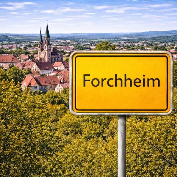 Gelbes Ortsschild Forchheim mit Stadt im Hintergrund