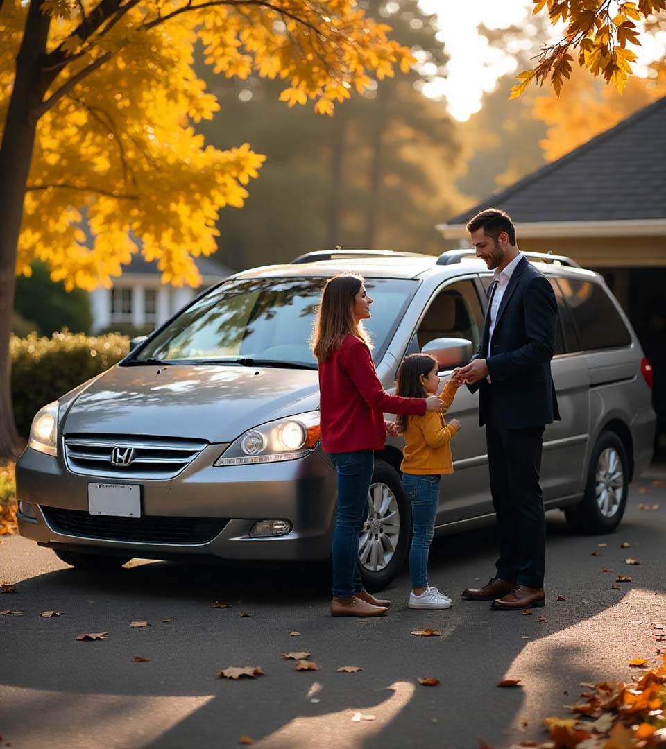 Eine Familie übergibt ein Auto an einen Händler beim Autoankauf Forchheim vor dem Haus